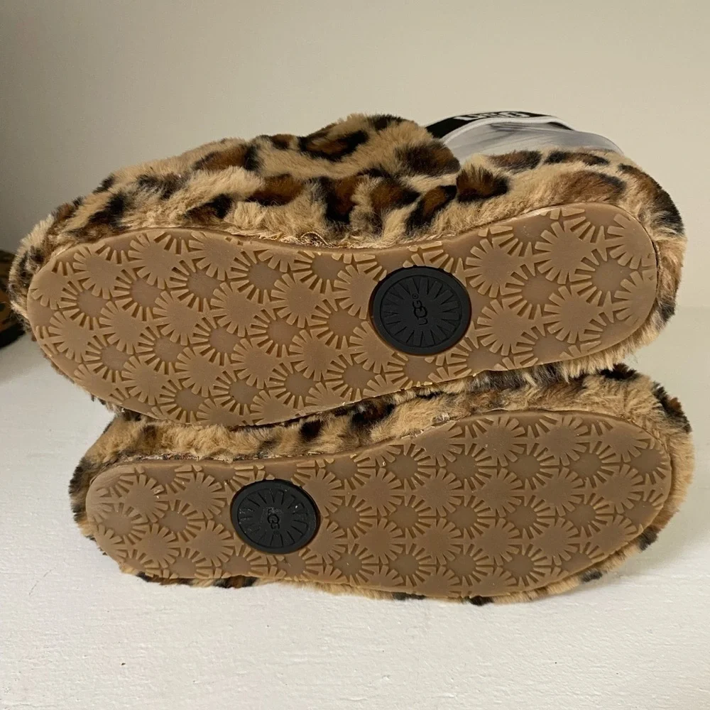 UGG Tan and Black Fuzzy Animal Print Slippers